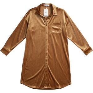Liam & Co Velvet Shirt Dress Medium Gold Button Down Pocket Luxe Party Boho